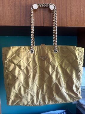 Authentic Prada Quilted Tessuto Nylon Chain Tote Bag Yellow Gold Hardware Y2K